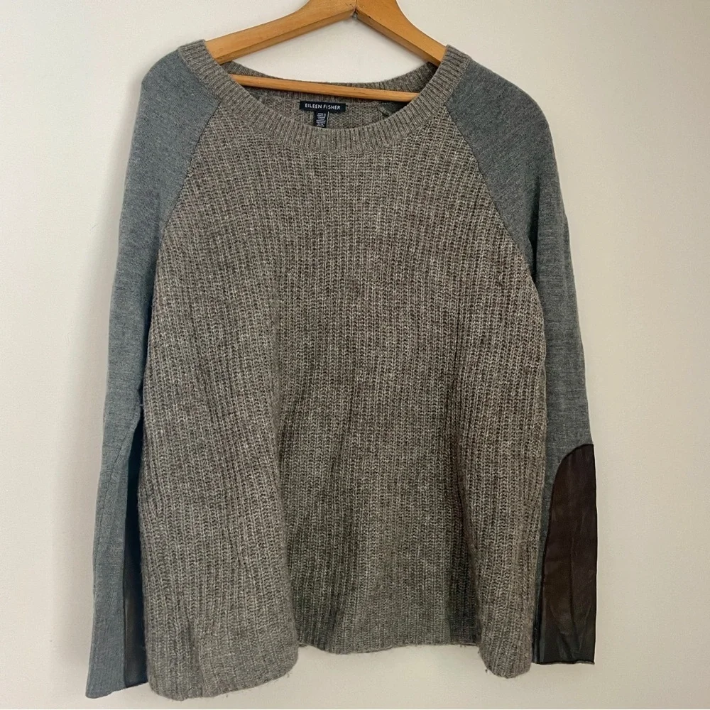 Eileen Fisher Raglan Crewneck Sweater Grey Gray Beige Medium Yak